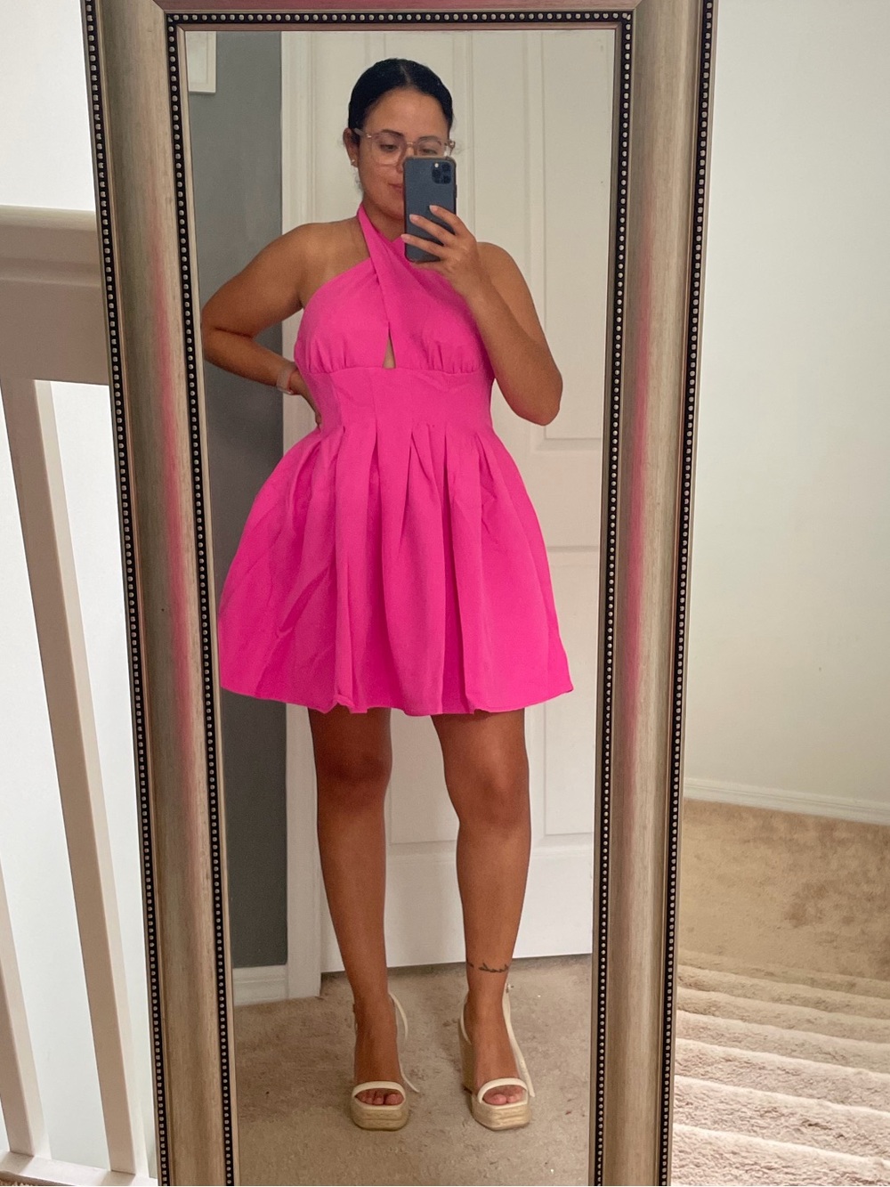 Tie-Neck Mini Dress in Hot Pink